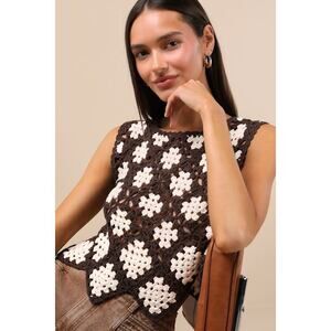 Lulus Milena Dark Brown And Ivory Crochet Knit Tank Top - Size L/XL